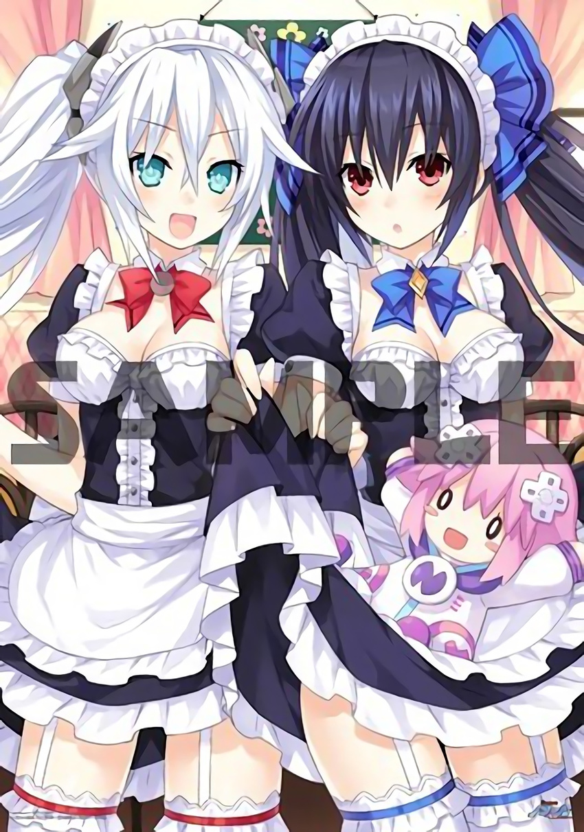 alternate_costume apron aqua_eyes bangs bench black_dress black_hair black_heart blue_bow blue_neckwear blue_ribbon blush blush_stickers bow bowtie breasts bright_pupils buttons center_frills character_doll chou_megami_shinkou_noire_gekishin_black_heart cleavage cowboy_shot curtains d-pad d-pad_hair_ornament day detached_collar dress dress_lift emblem enmaided eyebrows_visible_through_hair flower frilled_apron frilled_dress frills garters hair_between_eyes hair_ornament hair_ribbon happy highres indoors lifted_by_self long_hair looking_at_viewer maid maid_apron maid_headdress multiple_girls neptune_(choujigen_game_neptune) neptune_(series) noire o_o official_art open_mouth power_symbol puffy_short_sleeves puffy_sleeves red_bow red_eyes red_neckwear resized resizing_artifacts restaurant ribbon sample short_dress short_sleeves sidelocks sign smile standing sunlight surprised symbol-shaped_pupils thigh_gap thighhighs transparent tsunako twintails upscaled very_long_hair waifu2x waist_apron watermark white_apron white_hair white_legwear zettai_ryouiki