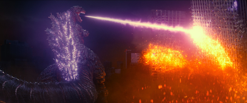 atomic_breath city destruction dinosaur energy energy_beam explosion fire glowing godzilla godzilla_(series) kaijuu lava monster screencap shin_godzilla spikes spoilers toho_(film_company)