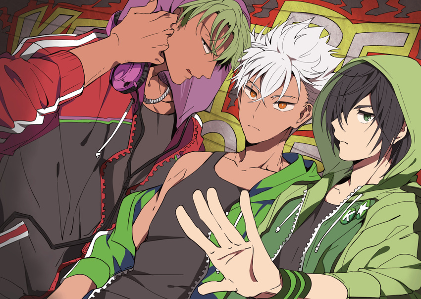 :p bad_id bad_pixiv_id black_hair brown_eyes buttons closed_mouth dark_skin dark_skinned_male dutch_angle eunram green_eyes green_hair hair_over_one_eye headphones headphones_around_neck highres hood hoodie jacket jewelry king_of_prism_by_prettyrhythm kougami_taiga long_hair looking_at_viewer male_focus multiple_boys necklace nishina_kazuki off_shoulder open_clothes open_hoodie open_jacket outstretched_hand pretty_rhythm purple_eyes spiked_hair sweatband sweatshirt tank_top tongue tongue_out upper_body white_hair wristband yamato_alexander