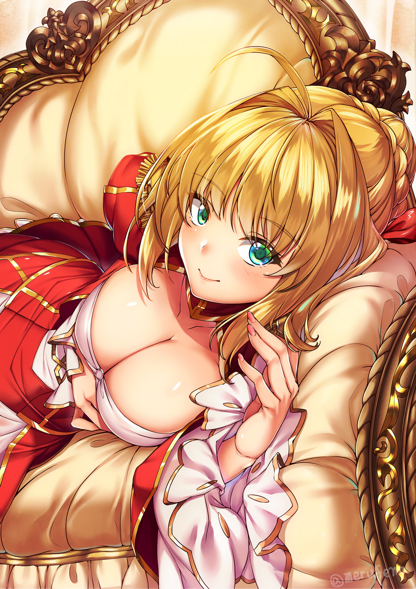 ahoge braid breast_hold breasts cleavage cleavage_cutout closed_mouth collarbone couch dress epaulettes eyebrows_visible_through_hair eyelashes fate/extra fate_(series) green_eyes hair_intakes highres large_breasts long_sleeves looking_at_viewer lying nail_polish nero_claudius_(fate) nero_claudius_(fate)_(all) on_couch on_side red_dress red_nails shirokuma_a smile solo twitter_username wide_sleeves