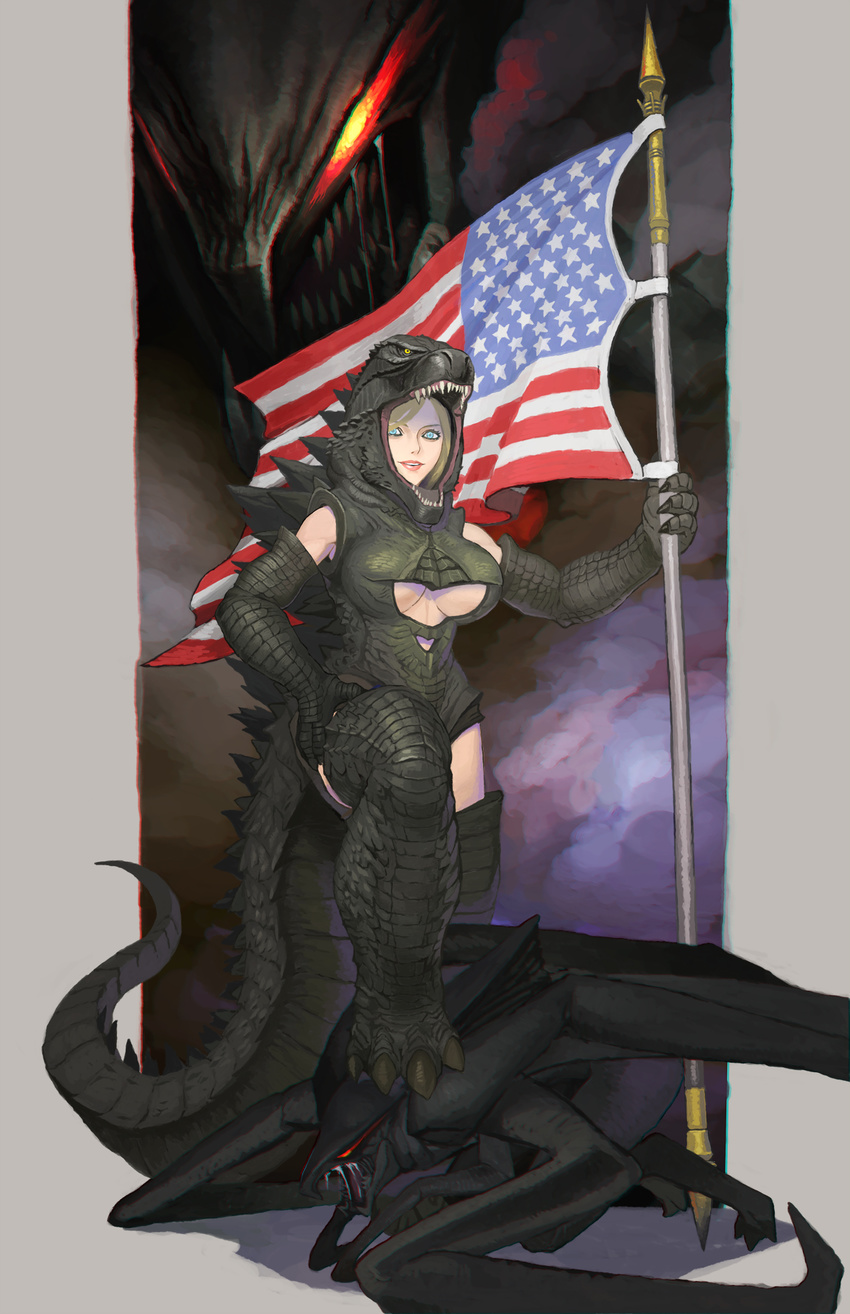american_flag blonde_hair blue_eyes breasts cleavage cosplay costume flag godzilla godzilla_(2014) godzilla_(cosplay) godzilla_(series) highres huge_breasts looking_at_viewer mask monster muto_(monster) parted_lips smile tail underboob_cutout urasato