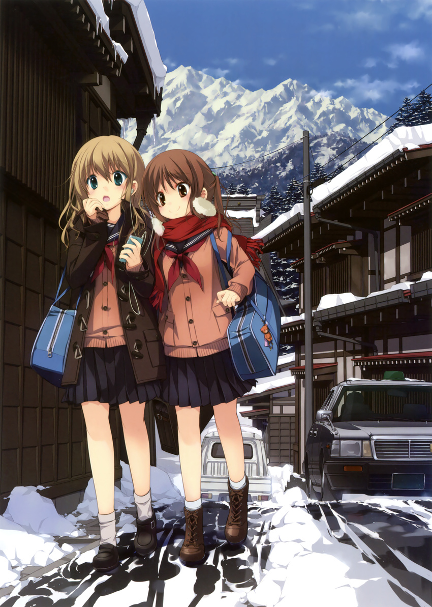 absurdres black_skirt brown_eyes brown_hair cellphone day earphones gotou_nao green_eyes highres holding holding_phone iphone light_brown_hair long_hair mountain multiple_girls open_mouth original outdoors phone pleated_skirt red_scarf road scarf school_uniform serafuku skirt smartphone smile snow socks street white_legwear