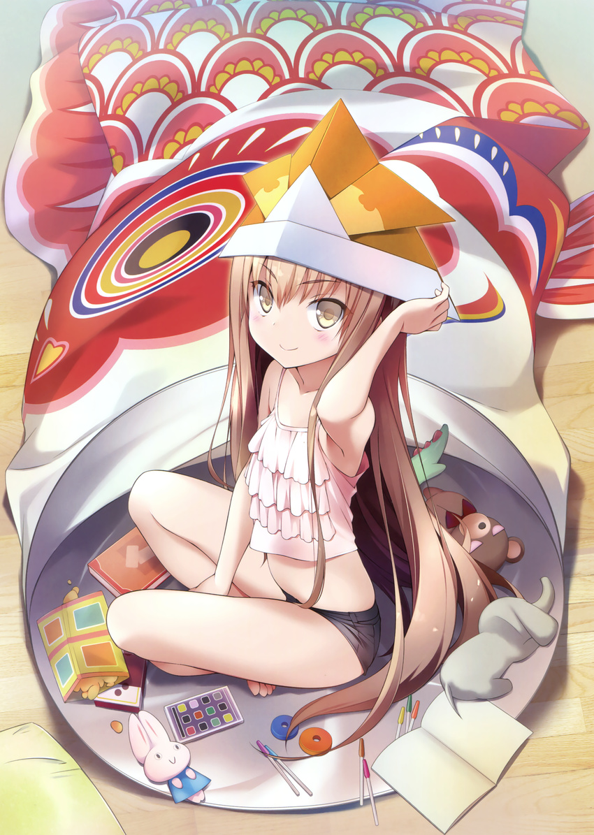 &gt;:) absurdres barefoot between_legs black_shorts blush book brown_eyes brown_hair camisole closed_mouth food from_above hand_between_legs hand_on_headwear hat highres indian_style kodomo_no_hi koinobori long_hair on_floor open_book original paper_hat paper_kabuto pink_shirt sakana scan shirt short_shorts shorts sitting sleeveless sleeveless_shirt smile solo stuffed_animal stuffed_bunny stuffed_toy teddy_bear v-shaped_eyebrows very_long_hair wooden_floor |_|