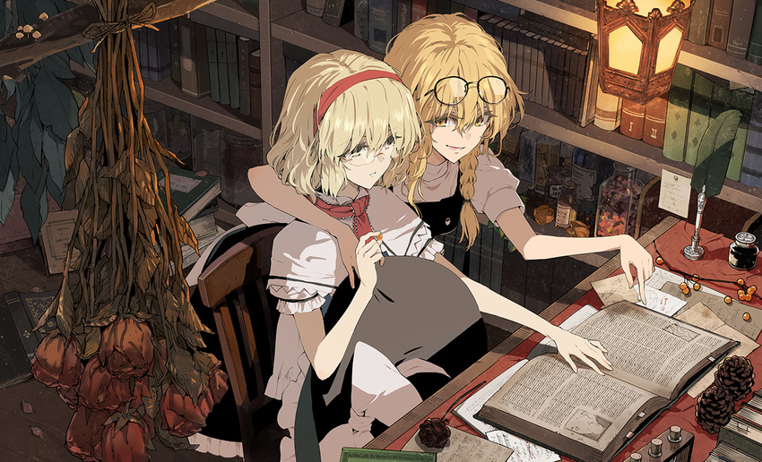 alice_margatroid arm_around_neck bespectacled black_dress black_vest blonde_hair blue_dress book book_stack bookshelf bottle bow braid capelet chair closed_mouth commentary_request dress eyewear_on_head flower frilled_hat frills glasses hairband hat hat_bow hat_on_lap inkwell jar kirisame_marisa lamp minakata_sunao multiple_girls mushroom open_book open_mouth pointing puffy_sleeves quill red_hairband red_ribbon ribbon short_hair side_braid single_braid sitting smile strobile touhou vest white_bow witch_hat yellow_eyes yuri
