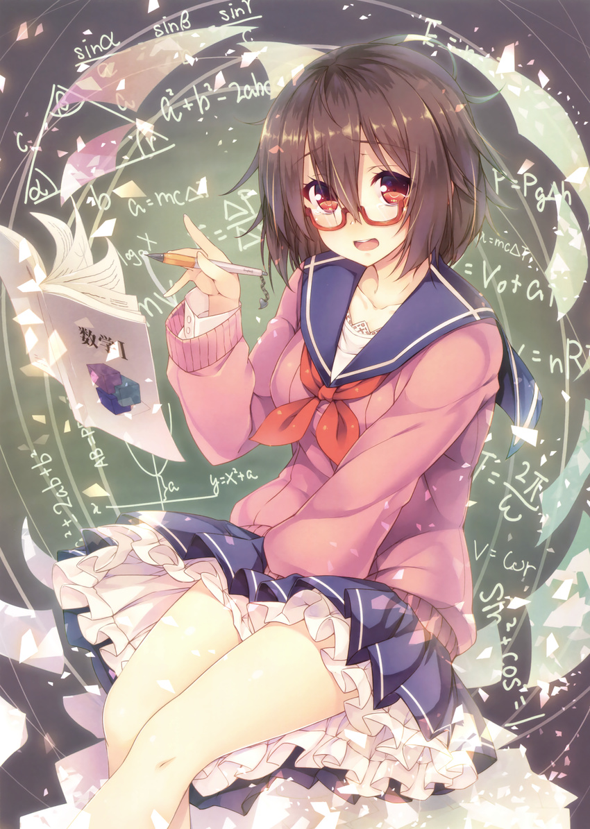 absurdres between_legs blue_skirt book brown_hair collarbone equation eyebrows_visible_through_hair glasses hair_between_eyes hand_between_legs highres holding holding_pen layered_skirt looking_at_viewer open_book open_mouth original pen pleated_skirt red_eyes rozea_(graphmelt) school_uniform short_hair sitting skirt skirt_tug solo