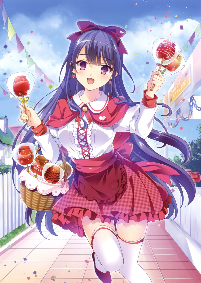 absurdres apple_earrings black_hair bow capelet day earrings eyebrows_visible_through_hair food_themed_earrings hair_bow highres holding jewelry leg_up long_hair looking_at_viewer open_mouth original outdoors purple_eyes red_bow red_ribbon red_skirt ribbon satou_satoru shirt skirt solo thighhighs very_long_hair white_legwear white_shirt zettai_ryouiki
