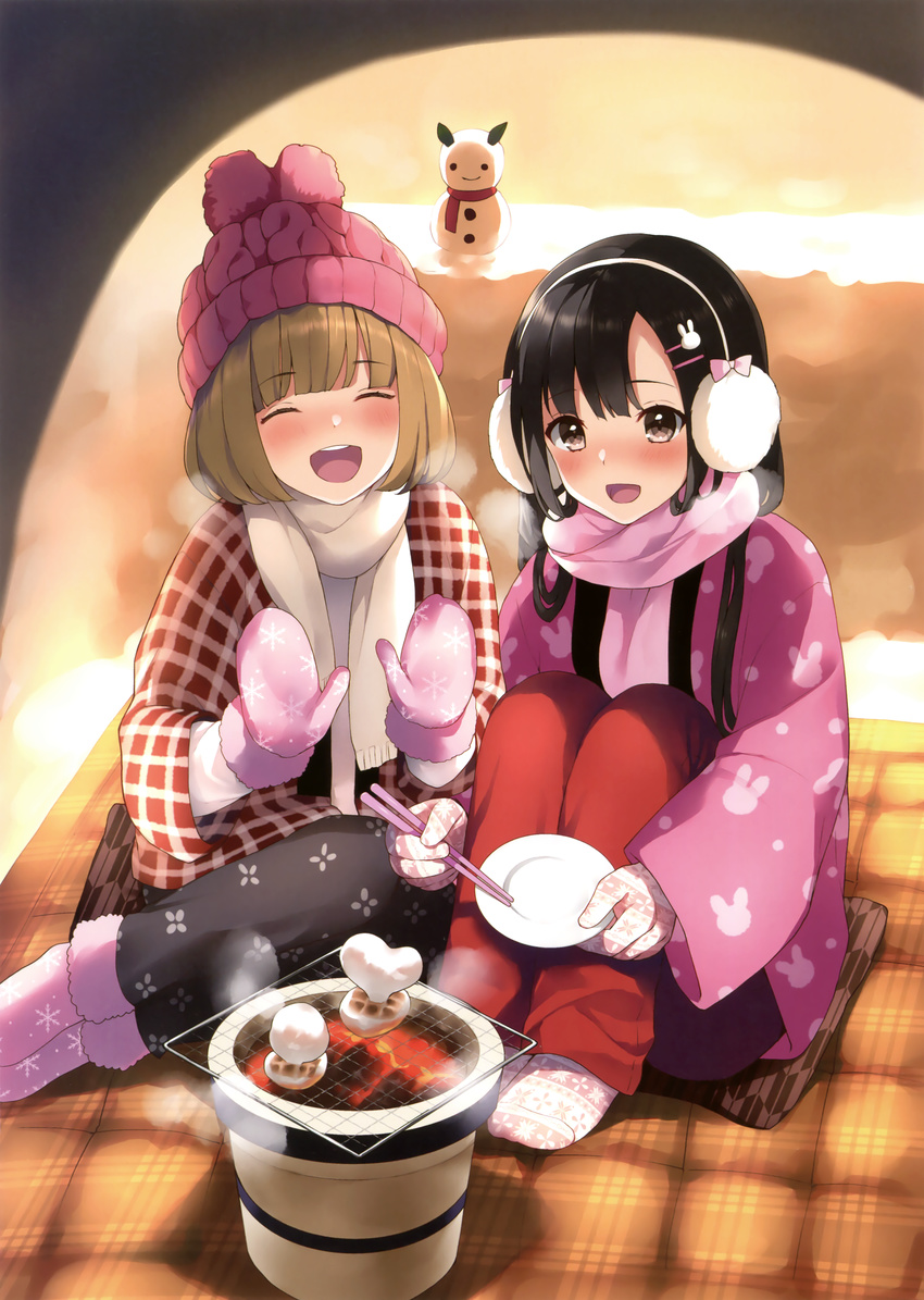 :d ^_^ absurdres bangs beige_scarf black_hair black_pants blunt_bangs blush breath brown_eyes brown_hair bunny_hair_ornament chopsticks closed_eyes closed_mouth cushion earmuffs eyebrows_visible_through_hair fire food hair_ornament hairclip highres holding long_hair mittens mochi multiple_girls nemunemu_(candy_paddle) open_mouth original pants pink_legwear pink_scarf plate red_pants scan scarf short_hair sitting smile snowflake_print snowman socks solid_circle_eyes striped striped_legwear wagashi