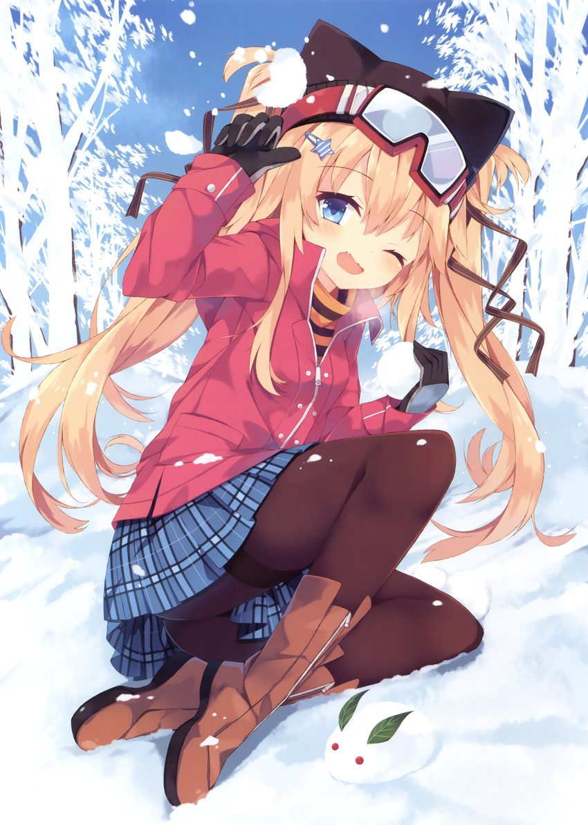 ;d absurdres animal_hat bare_tree black_gloves black_legwear blonde_hair blue_eyes blue_skirt blush boots brown_footwear cat_hat day eyebrows_visible_through_hair fang full_body gloves goggles goggles_on_head hat highres holding jacket long_hair long_sleeves nibiiro_shizuka on_ground one_eye_closed open_mouth original outdoors pantyhose plaid plaid_skirt plantar_flexion pleated_skirt red_jacket scan sitting skirt smile snow snow_bunny snowball solo thighband_pantyhose tree twintails