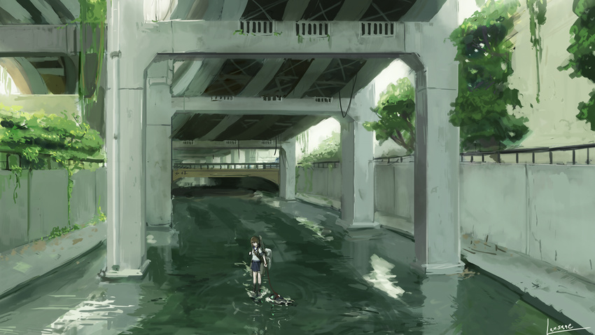 bridge brown_hair cover cover_page faux_traditional_media fubuki_(kantai_collection) kantai_collection lansane overpass pleated_skirt rigging rope school_uniform serafuku short_sleeves sidelocks skirt solo standing standing_on_liquid stream tree water