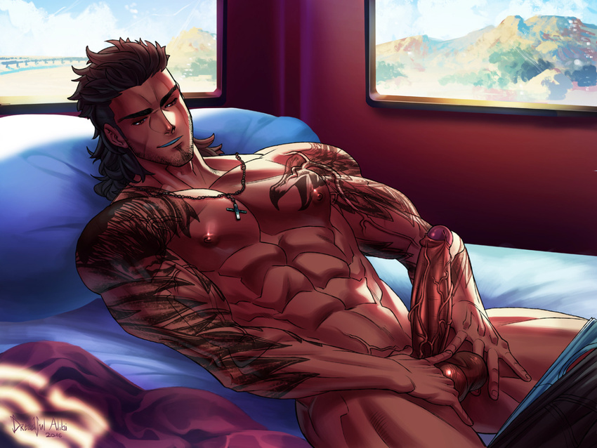 1boy abs bed black_hair erection facial_hair final_fantasy final_fantasy_xv gladiolus_amicitia grin lying male_focus muscle naughty_face pecs penis penis_grab pillow scar smile smirk solo_focus testicle_grab testicles topless window