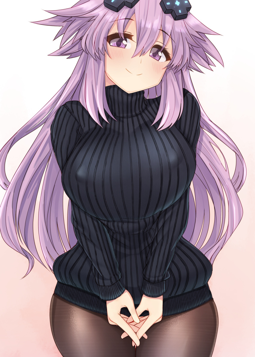 1girl adult_neptune bangs black_legwear black_sweater blush breast_squeeze breasts closed_mouth covered_nipples cowboy_shot d-pad d-pad_hair_ornament dura eyebrows_visible_through_hair hair_between_eyes hair_ornament highres large_breasts long_hair long_sleeves looking_at_viewer neptune_(series) pantyhose purple_eyes purple_hair ribbed_sweater shin_jigen_game_neptune_vii simple_background smile solo standing sweater turtleneck turtleneck_sweater