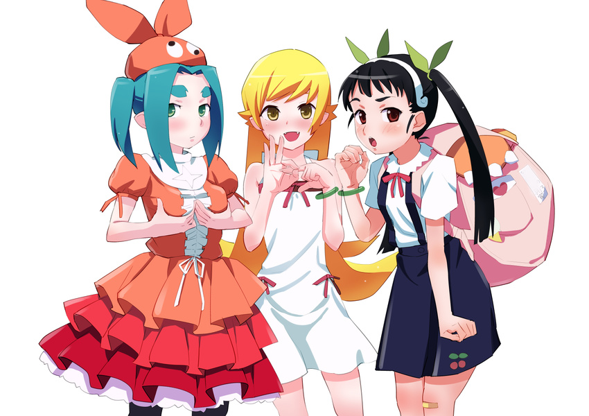 3girls :o backpack bag bakemonogatari bandaid bandaid_on_pussy blonde_hair blush child cowboy_shot dress female green_ribbon hachikuji_mayoi hair_ornament hair_ribbon heart long_hair long_twintails looking_at_viewer maku_(dg0tag) monogatari_(series) multiple_girls ononoki_yotsugi open_mouth oshino_shinobu rotary_enkou_da! short_sleeves simple_background skirt standing twintails white_background yellow_eyes