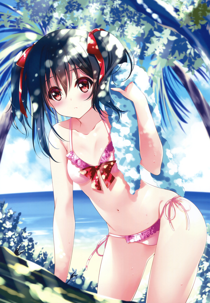 :&lt; absurdres bangs bare_arms bare_shoulders beach bikini black_hair blue_sky blush bow breasts cleavage closed_mouth collarbone cowboy_shot dappled_sunlight day drying drying_hair frilled_bikini frills hair_between_eyes highres horizon leaning_forward looking_at_viewer love_live! love_live!_school_idol_project navel ocean outdoors pink_bikini pink_ribbon plant red_bow red_eyes ribbon scan shiny shiny_skin short_hair side-tie_bikini sky small_breasts solo standing stomach summer sunlight swimsuit tareme thighs towel tree twintails water water_drop wet wet_hair yazawa_nico