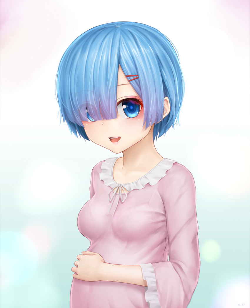 aki99 blue_eyes blue_hair eyes_visible_through_hair hair_ornament hair_over_one_eye highres open_mouth pregnant re:zero_kara_hajimeru_isekai_seikatsu rem_(re:zero) short_hair smile solo x_hair_ornament