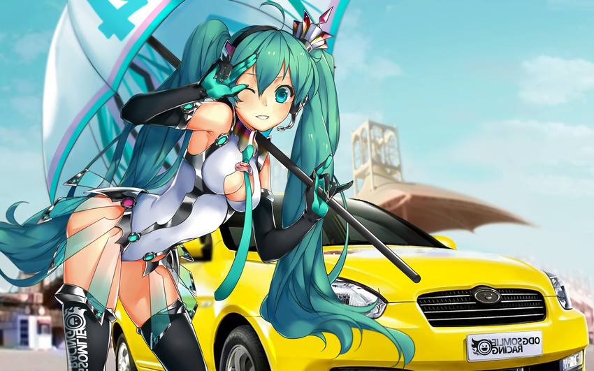 ahoge bad_id bad_pixiv_id car cowboy_shot day elbow_gloves gloves goodsmile_company goodsmile_racing green_eyes green_hair ground_vehicle hatsune_miku headset highres leaning_forward leotard long_hair motor_vehicle necktie one_eye_closed outdoors race_queen racing_miku racing_miku_(2013) samui_amekemuri solo thighhighs twintails umbrella very_long_hair vocaloid