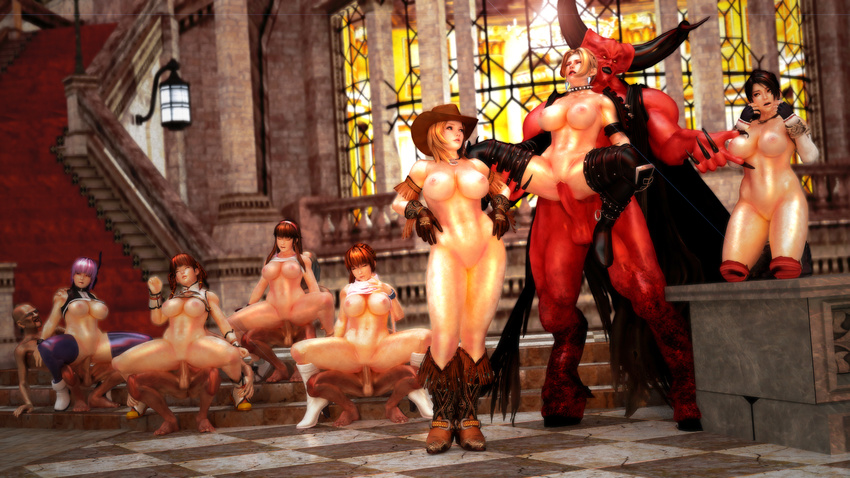 3d abs altar ayane_(doa) bald black_cape black_eyes black_hair blonde_hair blue_eyes boots breasts brown_eyes brown_hair castle dead_or_alive demon gloves group hat hitomi_(doa) horns kasumi_(doa) lamp large_breasts latex latex_thighhighs lei_fang long_hair momiji_(ninja_gaiden) muscle nipples nude old_man penis pigtails public_sex purple_hair rachel_(ninja_gaiden) red_eyes red_hair red_skin sex shiny short_hair skinny stairs tagme thighhighs tina_armstrong topless ugly_man uncensored window