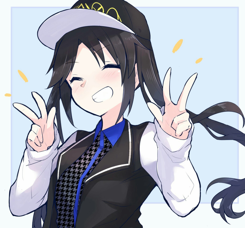 1girl bangs baseball_cap black_hair black_hat black_jacket black_shirt blue_background blue_neckwear blush collared_shirt double_v eyebrows_visible_through_hair eyes_closed facing_viewer grin hands_up hanetsuka hat highres houndstooth idolmaster idolmaster_shiny_colors jacket long_hair long_sleeves mitsumine_yuika open_clothes open_jacket parted_bangs shirt sidelocks sleeves_past_wrists smile solo teeth twintails two-tone_background upper_body v v-shaped_eyebrows white_background wing_collar