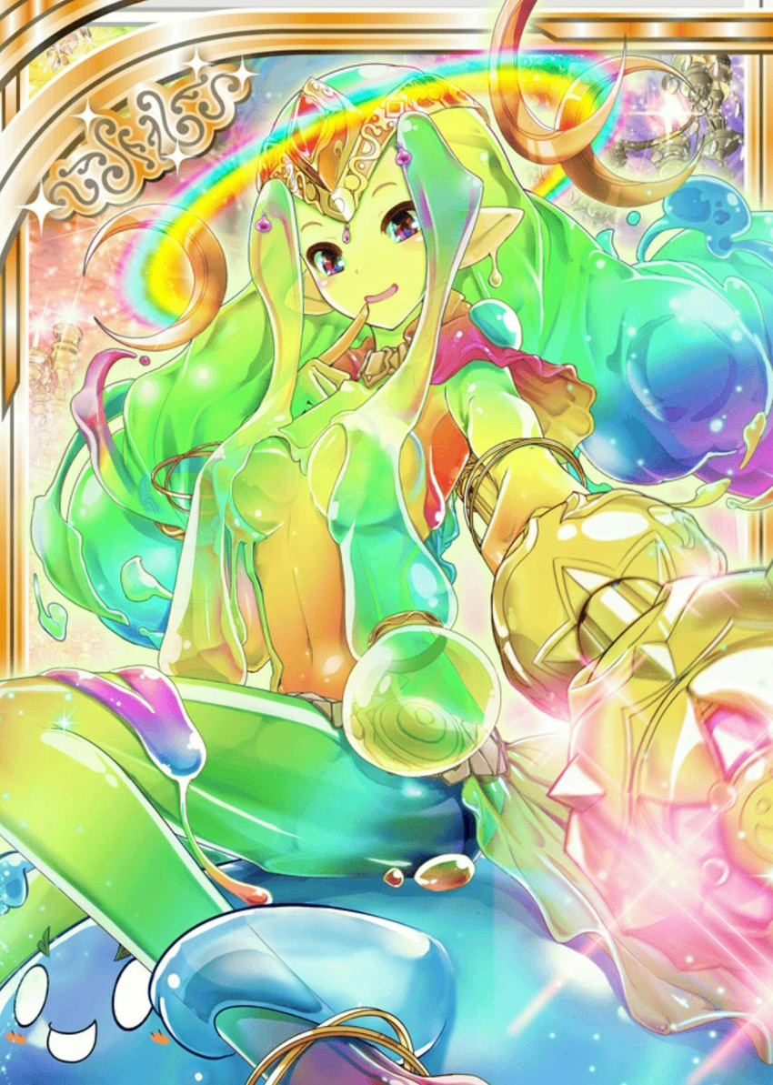 breasts cape creature crown goo_girl green_skin highres large_breasts monster_girl moon multicolored_hair rainbow rainbow_hair shinkai_no_valkyrie slime slime_queen staff