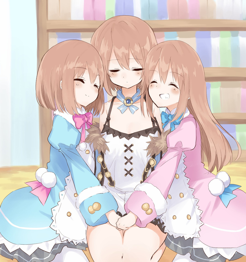 ^_^ bare_shoulders blanc blancpig_yryr brown_hair closed_eyes girl_sandwich grin highres holding_hands long_hair multiple_girls neptune_(series) open_mouth ram_(choujigen_game_neptune) rom_(choujigen_game_neptune) sandwiched short_hair siblings sisters smile twins