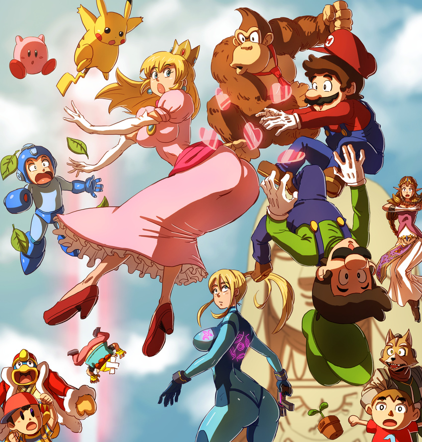 6+boys :o animal animal_ears ape arm_cannon ass baseball_cap battle blonde_hair blue_eyes bodysuit brown_hair butt_crack capcom clenched_hands crossover crown donkey_kong donkey_kong_(series) doubutsu_no_mori dress earrings elbow_gloves eyebrows eyebrows_visible_through_hair facial_hair flower_pot fox_ears fox_mccloud frilled_dress frills fur gen_1_pokemon gloves hat heart helmet high_heels highres hip_attack holding holding_weapon jewelry king_dedede kirby kirby_(series) leaf long_hair looking_at_another looking_back looking_up luigi mario mario_(series) metroid multiple_boys multiple_girls mustache necktie ness onichan-xd open_mouth overalls pants pikachu pink_dress pointy_ears pokemon_(creature) ponytail princess_peach princess_zelda rockman rockman_(character) rockman_(classic) samus_aran shirt short_sleeves skin_tight star_fox striped striped_shirt super_mario_bros. super_smash_bros. t-shirt tail the_legend_of_zelda tiara upside-down vest villager_(doubutsu_no_mori) wario weapon zero_suit