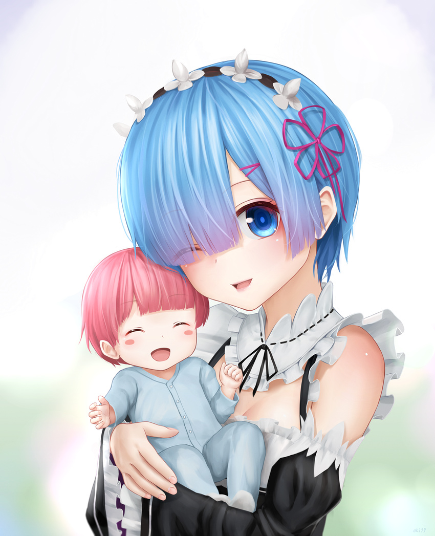 aki99 baby blue_eyes blue_hair closed_eyes eyes_visible_through_hair hair_ornament hair_over_one_eye highres maid maid_headdress mother_and_child pink_hair pink_ribbon purple_ribbon re:zero_kara_hajimeru_isekai_seikatsu rem_(re:zero) ribbon short_hair x_hair_ornament