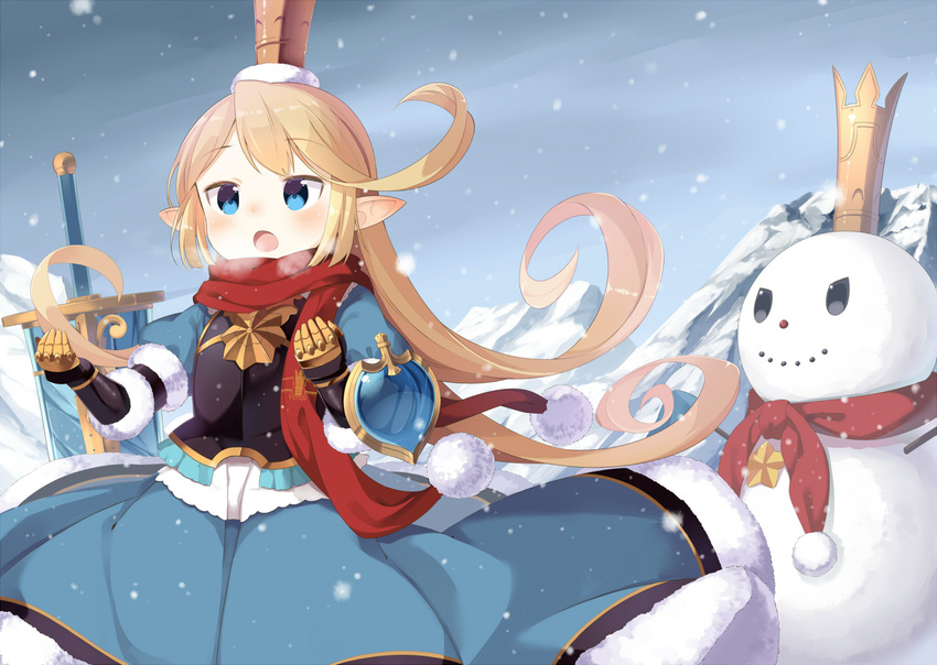 armor black_eyes blonde_hair blue_dress blue_eyes breath charlotta_fenia crown day dress eyebrows_visible_through_hair gauntlets granblue_fantasy harvin hill long_hair muku_(muku-coffee) open_mouth outdoors pointy_ears puffy_short_sleeves puffy_sleeves red_scarf scarf shield short_sleeves smile snow snowing snowman solo standing star sword very_long_hair weapon