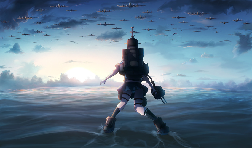 afloat aircraft airplane b-29_superfortress back bomber cloud cloudy_sky commentary_request dai_toro from_behind fubuki_(kantai_collection) highres holding horizon kantai_collection machinery military military_vehicle ocean panties pantyshot pantyshot_(standing) pleated_skirt school_uniform serafuku skirt sky smokestack solo standing sunrise turret underwear white_panties