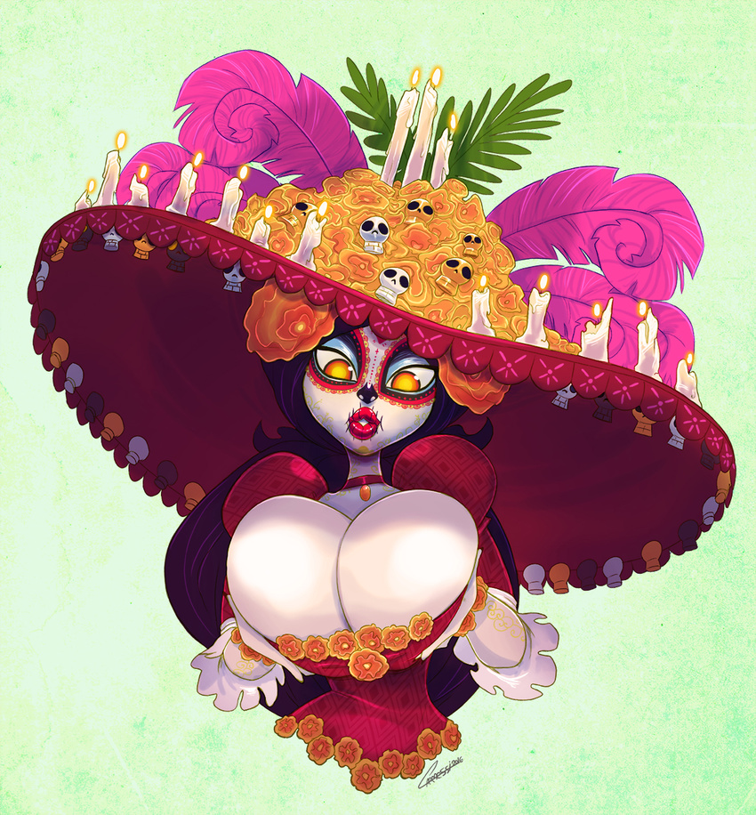 big_breasts black_hair breast_squish breasts candle candy carmessi cleavage clothed clothing day_of_the_dead female food glowing glowing_eyes hair hat holding_breast huge_breasts la_muerte mexican not_furry red_lipstick sombrero sugar_skull the_book_of_life