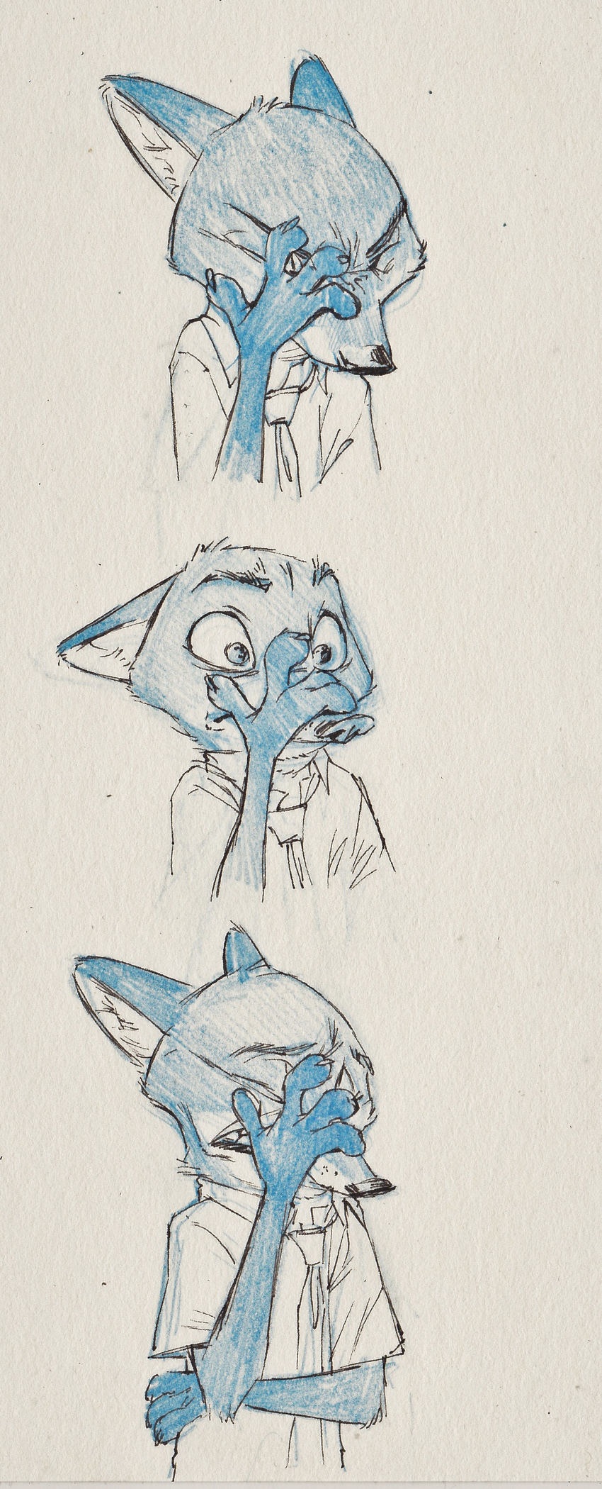 2016 anthro canine clothed clothing disney facepalm fox hand_on_face male mammal monoflax necktie nick_wilde restricted_palette simple_background solo traditional_media_(artwork) white_background zootopia