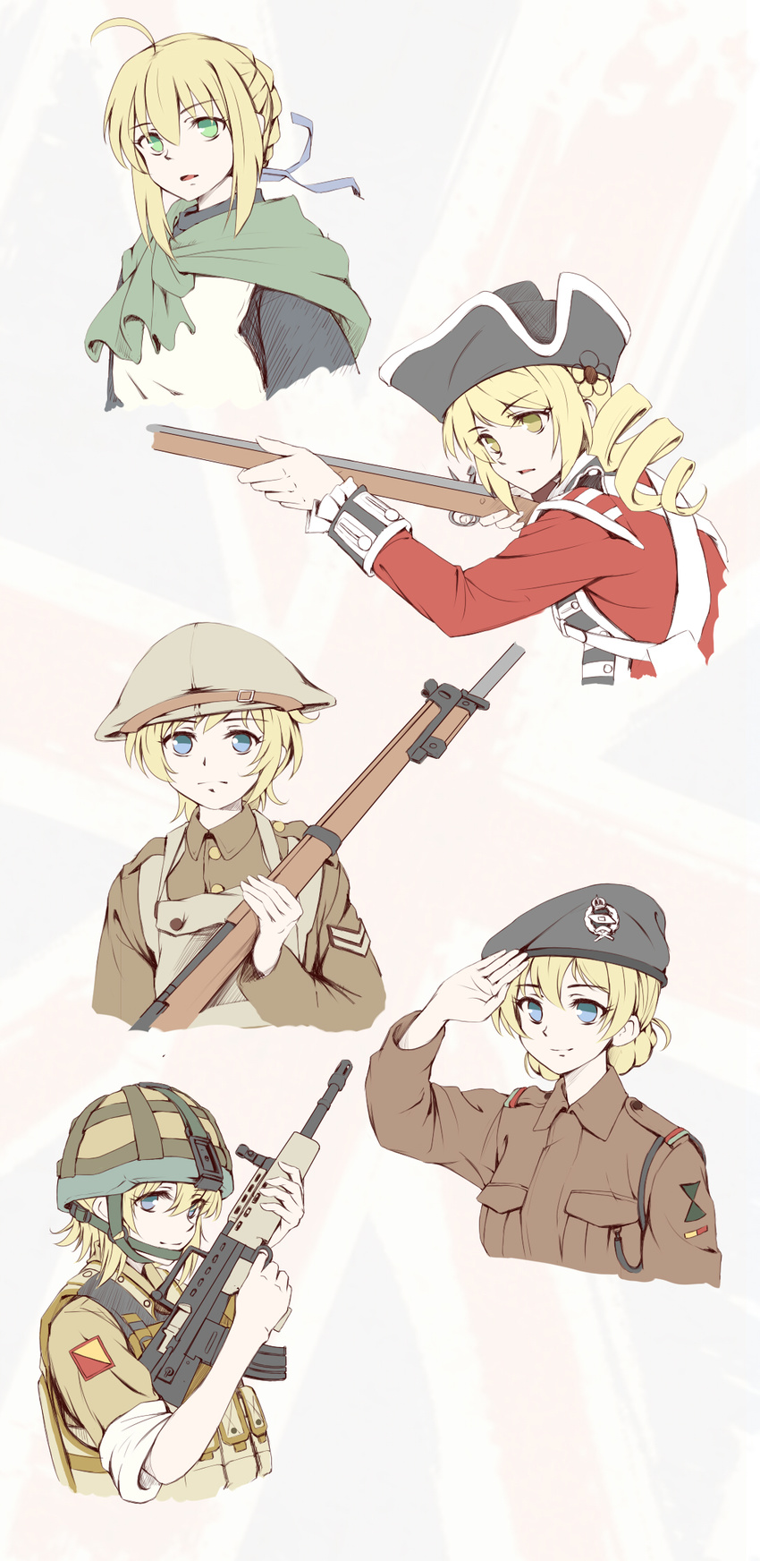 aiming alternate_costume american_revolution annotated artoria_pendragon_(all) assault_rifle avril_bradley bayonet blonde_hair blue_eyes blue_ribbon bolt_action british brodie_helmet color_connection darjeeling drill_hair england fate_(series) flag flag_background girls_und_panzer gosick green_eyes gun hair_color_connection hair_ornament hair_ribbon hairpin hat helmet highres history holding holding_gun holding_weapon knight l85 l85a1_(upotte!!) long_hair longmei_er_de_tuzi looking_at_another mahou_shoujo_madoka_magica military military_uniform multiple_girls musket ribbon rifle saber salute short_hair sleeves_rolled_up smile soldier tomoe_mami trait_connection tricorne twin_drills uniform union_jack united_kingdom upotte!! upper_body weapon world_war_i world_war_ii yellow_eyes