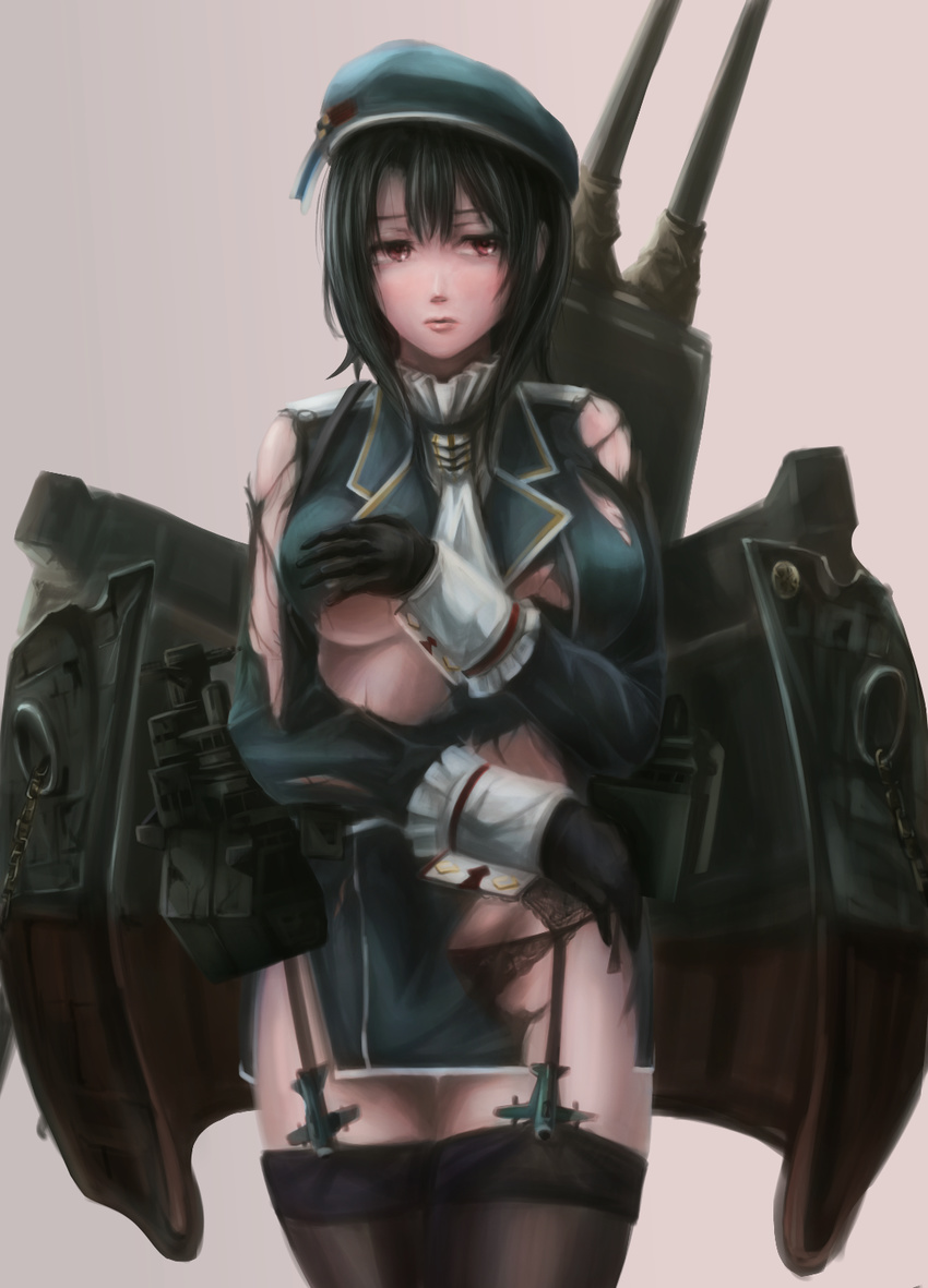 beret black_hair black_panties brown_eyes dai_toro garter_straps grey_background hat highres kantai_collection looking_at_viewer machinery panties short_hair simple_background solo takao_(kantai_collection) torn_clothes turret underwear