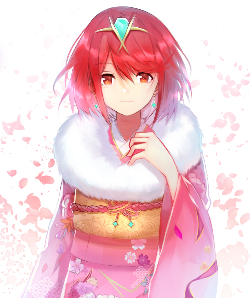 1girl absurdres bangs brown_eyes closed_mouth commentary_request earrings eyebrows_visible_through_hair floral_print fur_collar hair_between_eyes hand_up headpiece highres homura_(xenoblade_2) japanese_clothes jewelry kimono looking_at_viewer nintendo obi petals pink_kimono print_kimono red_hair sash smile solo tarbo_(exxxpiation) upper_body white_background xenoblade_(series) xenoblade_2