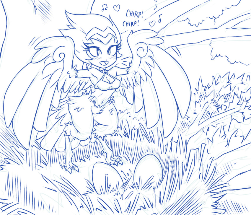 2016 avian blue_and_white blush breasts cleavage clothed clothing egg english_text feathered_wings feathers female harpy midriff monochrome navel nest plagueofgripes shantae shantae_(series) solo text tree wings
