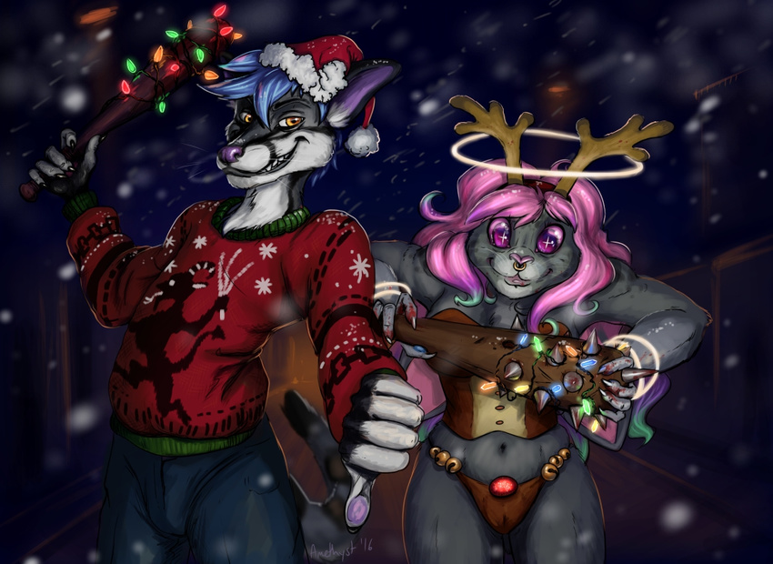 amethystlongcat angel bat blue_hair christmas clothed clothing club_(disambiguation) female genet hair halo holidays jumper krampus lagomorph lingerie looking_at_viewer male mammal pink_hair rabbit smile snow viverrid weapon