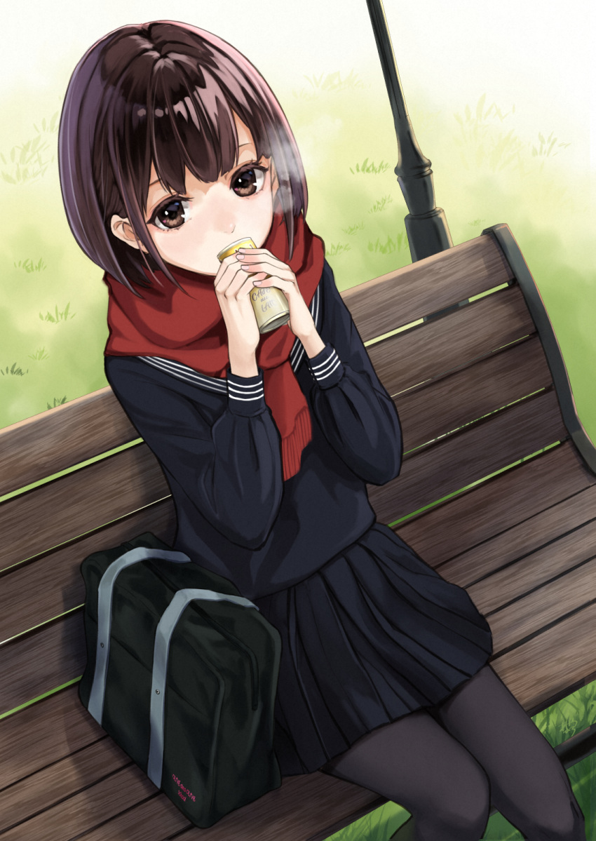 1girl ashiya_hiro bag bench black_legwear black_sailor_collar black_serafuku black_shirt black_skirt breath brown_eyes brown_hair can canned_coffee commentary_request day fringe_trim highres holding holding_can lamppost looking_at_viewer on_bench original outdoors pantyhose park_bench pleated_skirt red_scarf sailor_collar scarf school_bag school_uniform serafuku shirt sitting skirt solo