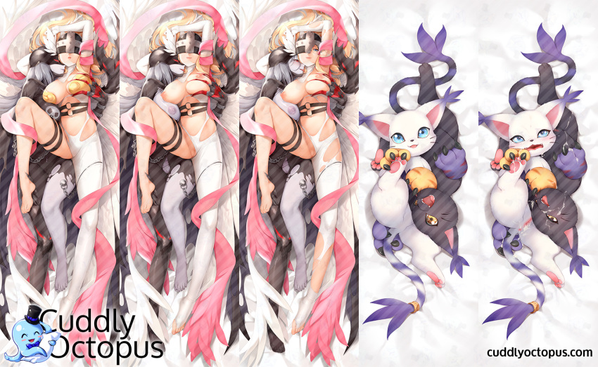 2girls angewomon animal_ears anus barefoot blacktailmon blonde_hair blue_eyes breast_grab breasts broken_helmet cat_ears claws dakimakura digimon dual_persona furry grabbing grey_hair grey_skin helmet kyuri_tizu ladydevimon leg_up looking_at_viewer multiple_girls nipples pussy red_eyes single_legging spread_legs tail tailmon whiskers yellow_eyes yuri