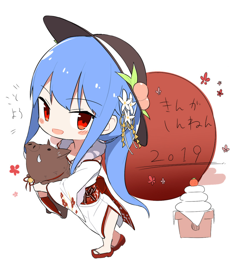 1girl 2019 :d alternate_costume animal bangs bare_shoulders black_hat blue_hair blush boar chibi collarbone comic commentary_request detached_sleeves eyebrows_visible_through_hair food fruit full_body hat highres hinanawi_tenshi holding holding_animal japanese_clothes kimono leaf long_hair long_sleeves looking_at_viewer neropaso obi open_mouth peach red_eyes red_footwear red_sash sandals sash side_slit sidelocks simple_background smile solo standing touhou translation_request very_long_hair white_background white_kimono wide_sleeves