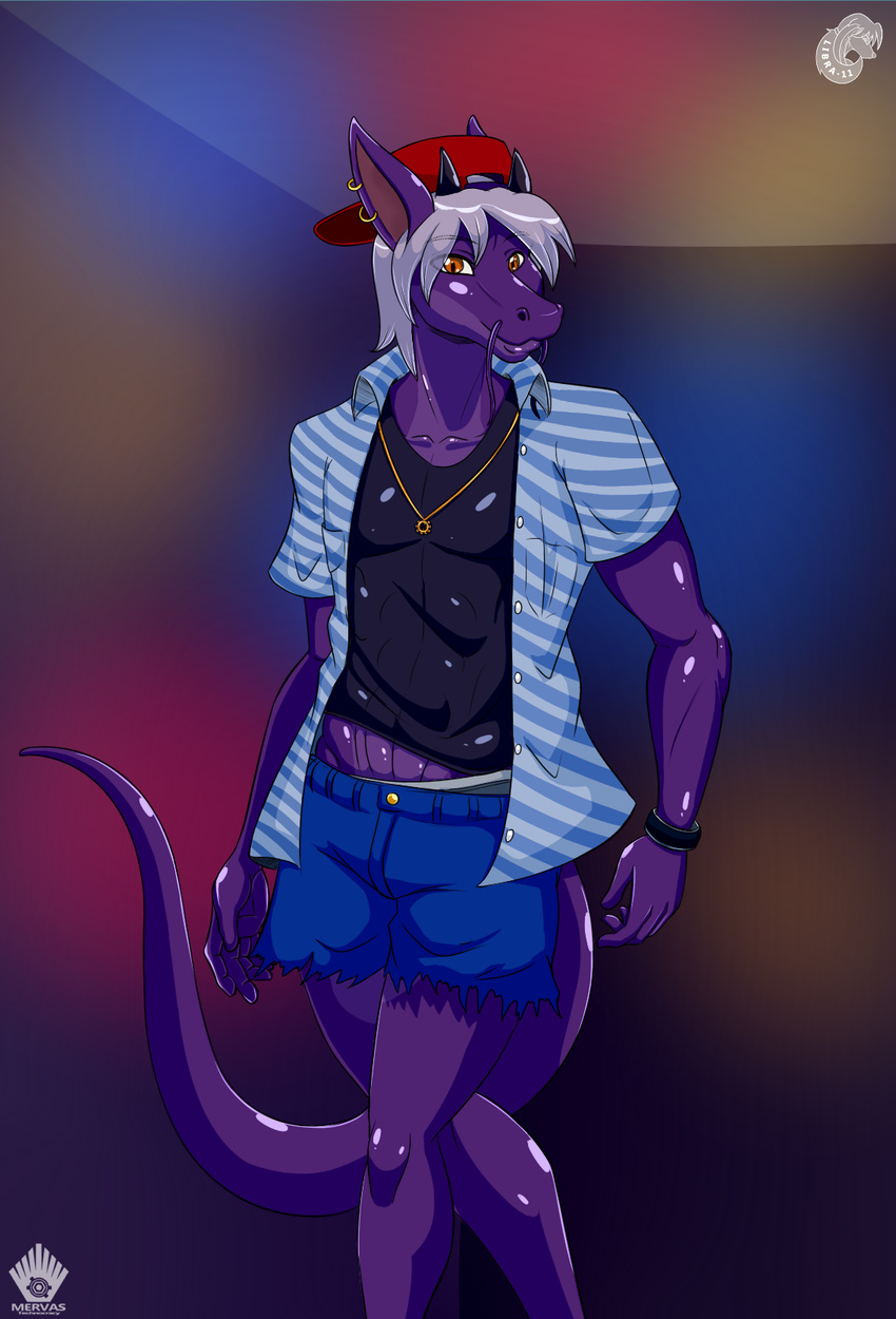 abs android anthro athletic clothing dragon ear_piercing hat invalid_tag jewelry libra-11 looking_at_viewer machine male muscular necklace pecs piercing purple_scales robot scales scalie shirt shorts smile underwear