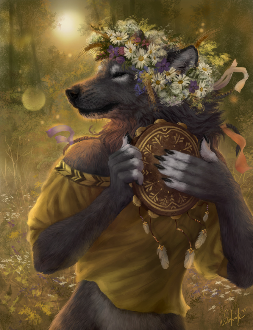 5_fingers ambiguous_gender anthro black_lips black_nose canine clothed clothing day detailed_background eyes_closed fur grey_fur mammal solo standing sun wolf wolnir