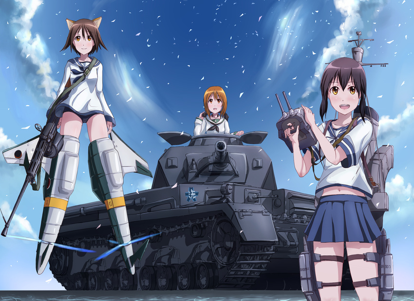 :d animal_ears bangs black_hair blouse blue_skirt blue_sky brown_eyes brown_hair caterpillar_tracks cloud cloudy_sky confetti crossover dai_toro day dog_ears emblem fling fubuki_(kantai_collection) girls_und_panzer ground_vehicle gun headphones headphones_removed heavy_machine_gun highres kantai_collection long_hair long_sleeves machine_gun machinery military military_vehicle miniskirt miyafuji_yoshika motor_vehicle multiple_crossover multiple_girls navel neckerchief nishizumi_miho ooarai_(emblem) ooarai_school_uniform open_mouth outdoors panzerkampfwagen_iv pleated_skirt riding school_swimsuit school_uniform serafuku short_hair short_sleeves skirt sky smile smokestack standing strike_witches striker_unit swimsuit swimsuit_under_clothes tank throat_microphone trait_connection turret weapon white_blouse world_witches_series