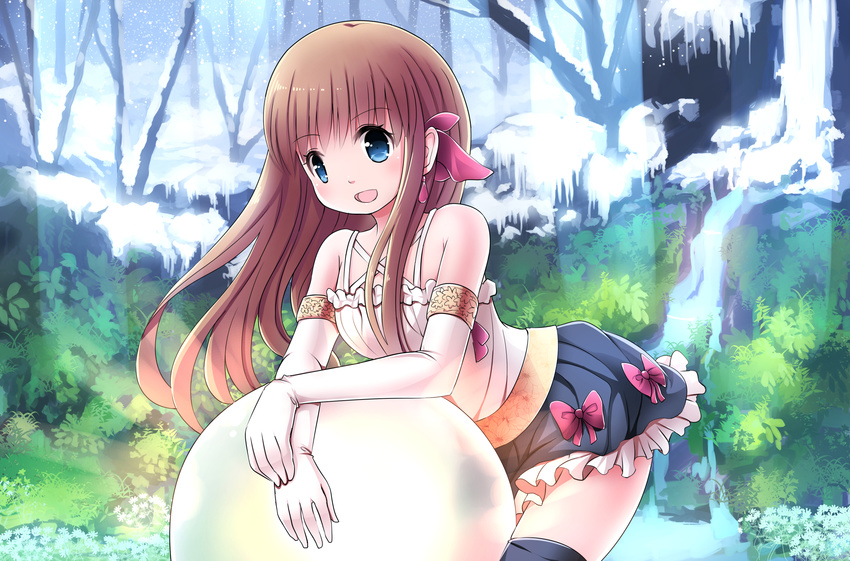 arched_back armlet bad_id bad_pixiv_id bare_tree belt black_legwear blue_eyes blue_skirt brown_hair commentary_request elbow_gloves floral_print flower frilled_skirt frills gloves grass hair_ribbon highres leaning_on_object long_hair looking_at_viewer open_mouth original ribbon risutaru shirt skirt sleeveless sleeveless_shirt snow snowing solo thighhighs tree water waterfall
