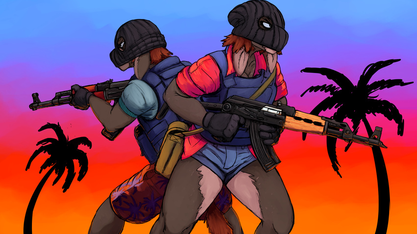 absurd_res ak-47 anthro armor assault_rifle breasts brown_hair cleavage clothed clothing colored donk donk_sis donkey duo equine female gun hair hi_res hladilnik long_ears male mammal mask ranged_weapon rifle weapon