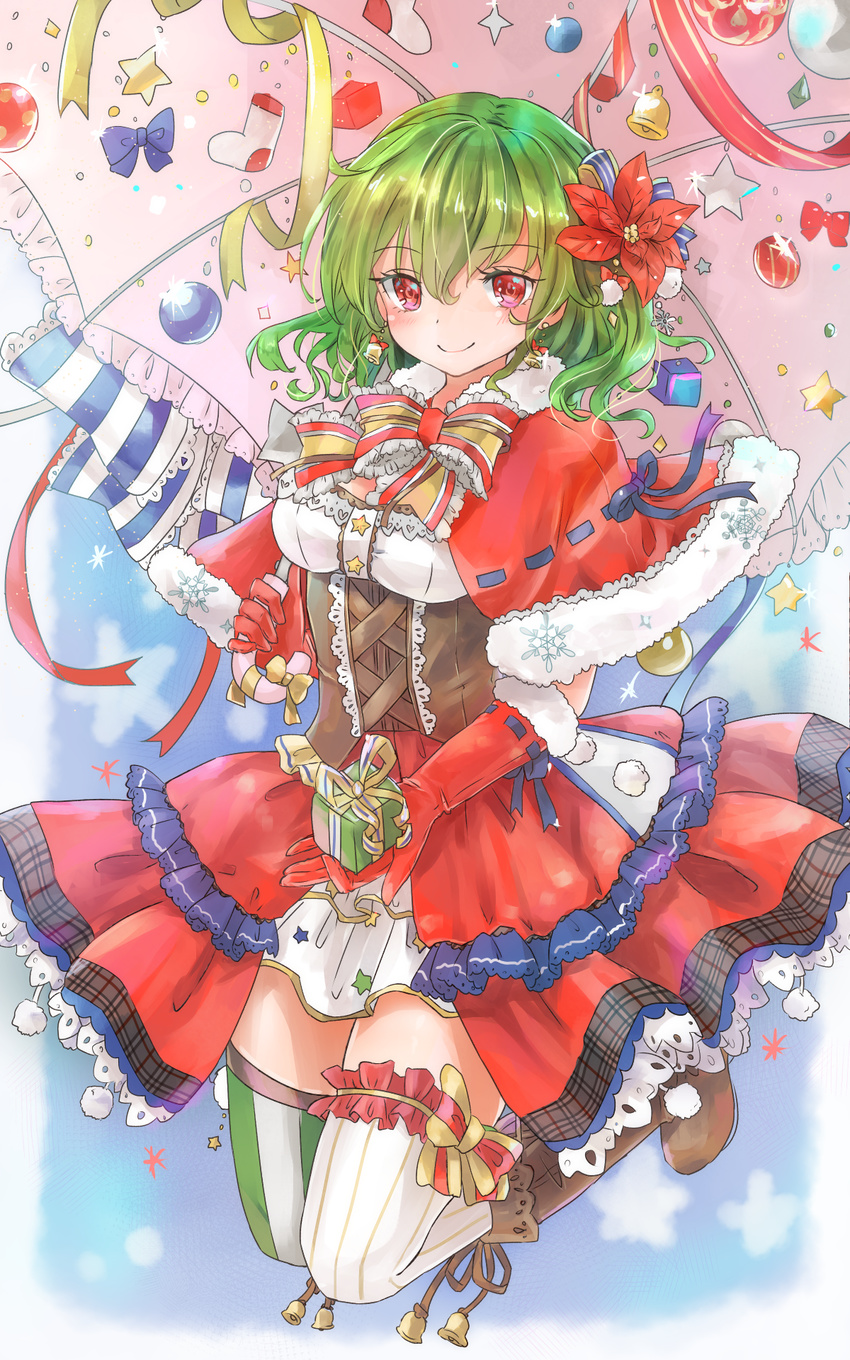 alternate_costume blue_bow boots bow box brown_footwear capelet christmas corset flower fur_trim gift gift_box gloves green_hair hair_flower hair_ornament highres kazami_yuuka looking_at_viewer mismatched_legwear parasol red_eyes red_gloves shironeko_yuuki short_hair smile solo striped striped_legwear thighhighs touhou umbrella underbust white_legwear