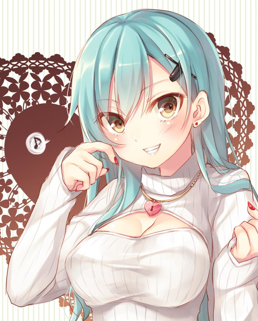 blush breasts cleavage cleavage_cutout commentary_request earrings eighth_note grin hair_ornament hairclip heart heart-shaped_lock heart_lock_(kantai_collection) heart_necklace highres jewelry jpeg_artifacts kantai_collection large_breasts lock long_hair looking_at_viewer meme_attire musical_note nail_polish necklace open-chest_sweater red_nails ribbed_sweater smile solo speech_bubble spoken_musical_note striped striped_background suzuya_(kantai_collection) sweater toosaka_asagi turtleneck upper_body vertical-striped_background vertical_stripes yellow_eyes