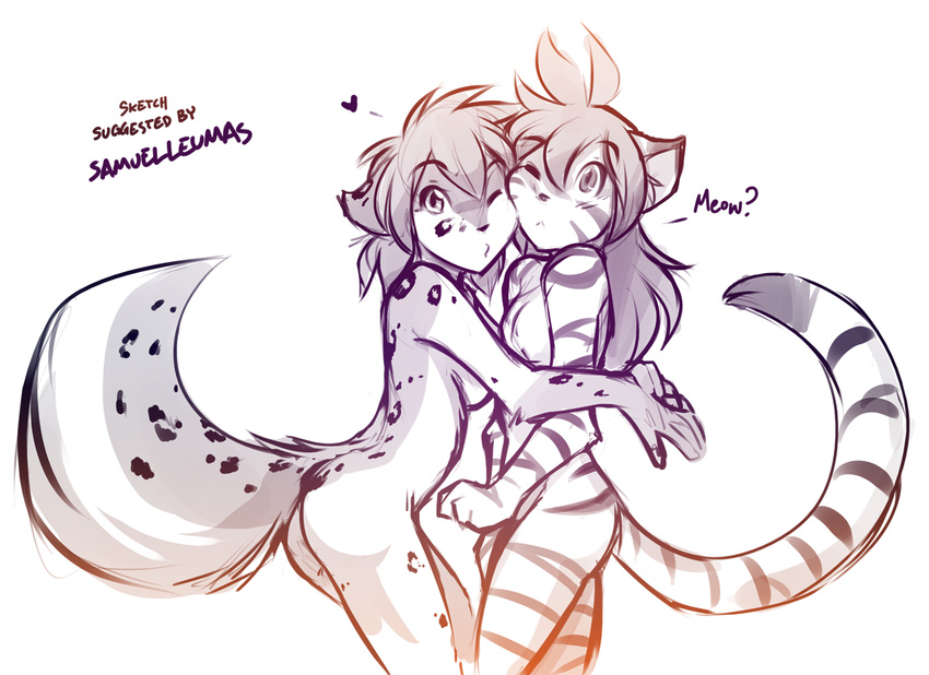 &lt;3 anthro arched_back blowing_kiss breasts butt canine duo ears_back featureless_breasts feline female flora_(twokinds) fur hug hybrid kathrin_(twokinds) keidran looking_at_viewer mammal monochrome nude one_eye_closed pose simple_background sketch spots spotted_fur striped_fur stripes tiger tom_fischbach twokinds white_background