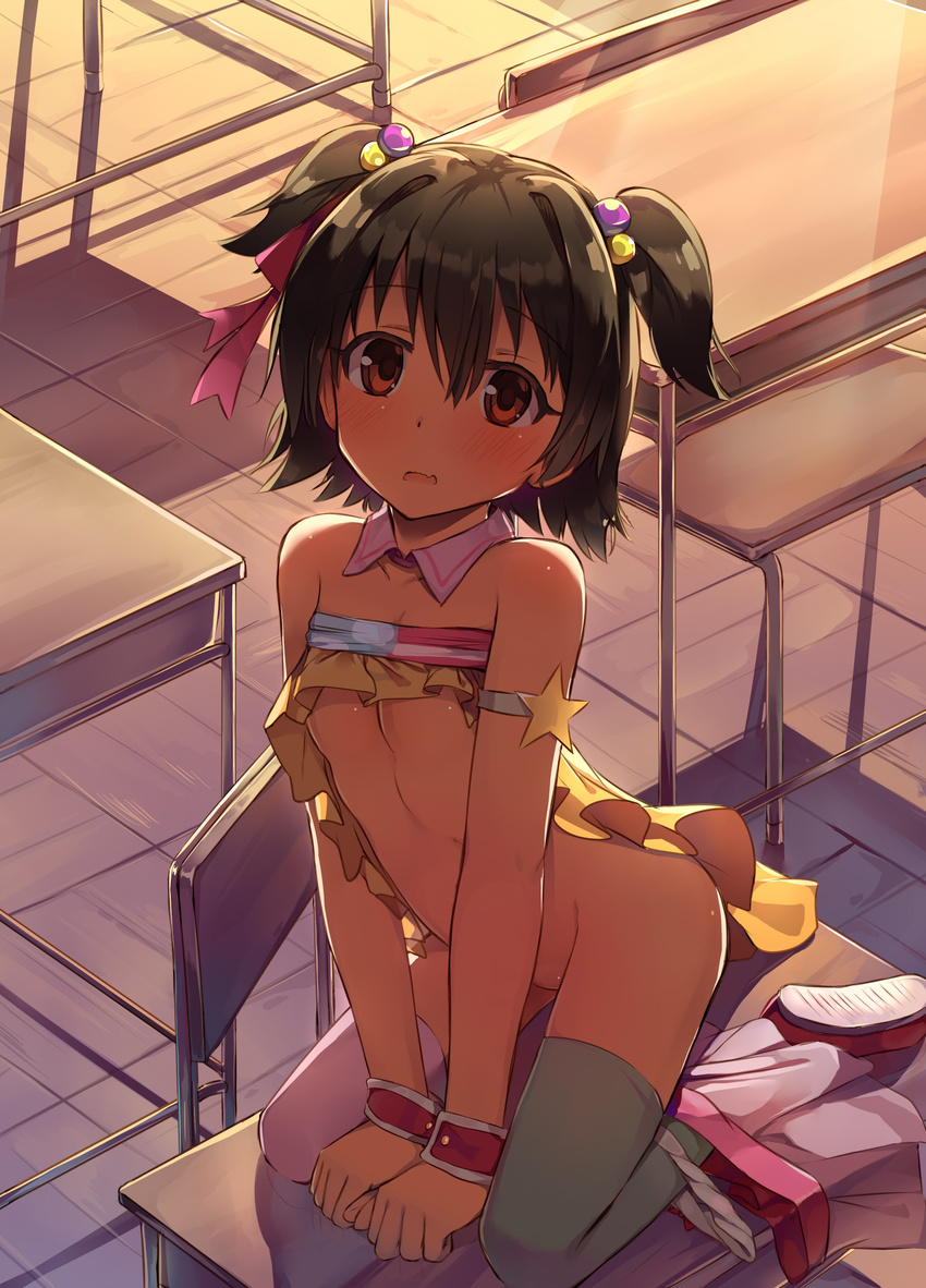 absurdres akagi_miria arm_support arms_between_legs bare_shoulders black_hair blush bow bow_panties brown_eyes classroom commentary_request desk detached_collar fang flat_chest hair_bobbles hair_ornament highres idolmaster idolmaster_cinderella_girls kneeling looking_at_viewer mismatched_legwear navel on_desk open_mouth panties panties_around_one_leg pikapikapop school_desk seneto short_hair skirt skirt_around_one_leg solo thighhighs twintails two_side_up underwear v_arms white_panties wrist_cuffs