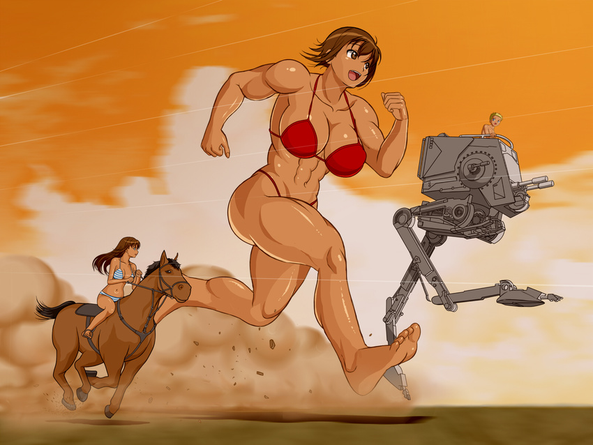 2girls abs at-st barefoot bikini blue_eyes breasts brown_eyes brown_hair commentary_request debris dirt dust_cloud error giantess highres horseback_riding issei_(sakito) large_breasts legs long_hair looking_afar looking_at_another looking_to_the_side looking_up mother_and_daughter mother_and_son motion_lines multiple_girls muscle muscular_female open_mouth original red_bikini riding saddle short_hair size_difference smile soles speed_lines spiked_hair star_wars striped striped_bikini sunset swimsuit tan thighs what