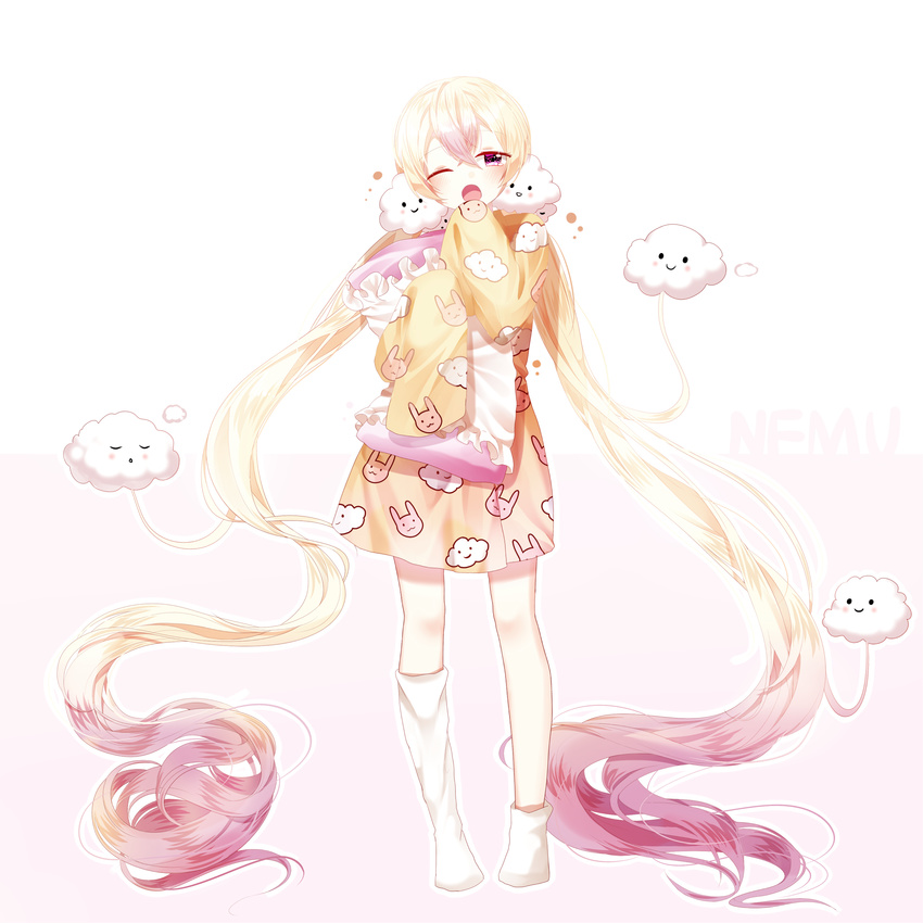 ;o absurdly_long_hair animal_print asymmetrical_legwear bad_id bad_pixiv_id blonde_hair blush bunny_print character_name cloud_hair_ornament cloud_print drowsy frilled_pillow frills full_body gradient gradient_hair hair_between_eyes hair_ornament hand_to_own_mouth highres kneehighs legs_apart lepoule long_hair long_sleeves looking_at_viewer mahou_shoujo_ikusei_keikaku mahou_shoujo_ikusei_keikaku_unmarked multicolored_hair nemurin no_pants no_shoes one_eye_closed outline pajamas pillow pink_background pink_hair print_pajamas purple_eyes red_eyes sleeves_past_wrists smile socks solo standing twintails two-tone_background very_long_hair white_background white_legwear yawning