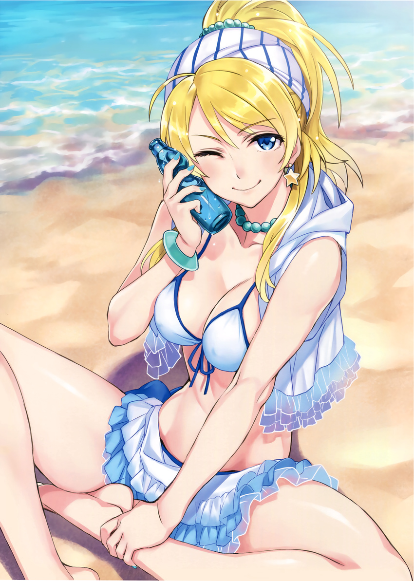 ;) absurdres ahoge aqua_nails ayase_eli bad_source bangle bangs bare_shoulders beach bikini bikini_under_clothes blonde_hair blue_eyes blush bottle bottle_to_cheek bracelet breasts cleavage condensation day detexted earrings front-tie_top hair_ribbon highres holding holding_bottle hood hood_down hoodie jewelry large_breasts long_hair looking_at_viewer love_live! love_live!_school_idol_project makeup mascara matsuryuu nail_polish natsuiro_egao_de_1_2_jump! necklace one_eye_closed outdoors pearl_necklace ramune resized ribbon scan shiny shiny_skin sleeveless sleeveless_hoodie smile solo star star_earrings striped striped_ribbon sunlight swept_bangs swimsuit third-party_edit upscaled