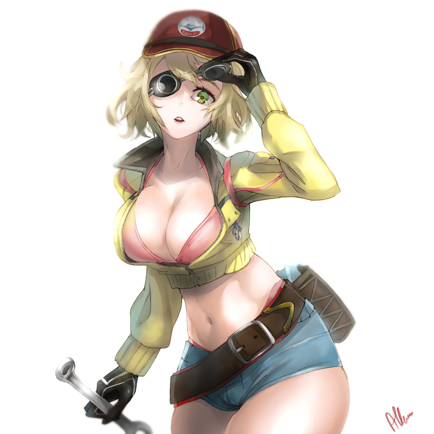 albreo blonde_hair bra cidney_aurum cropped_jacket final_fantasy final_fantasy_xv goggles green_eyes hat highres midriff navel short_shorts shorts solo underwear